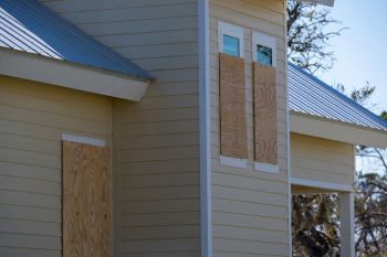 Boarded-up windows.