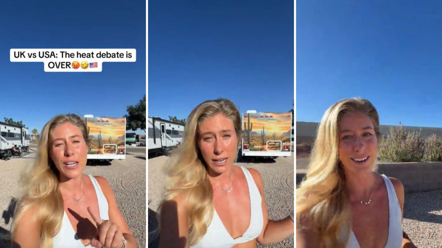 A road-tripper speaking about desert heat near an RV.