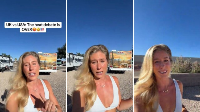 A road-tripper speaking about desert heat near an RV.