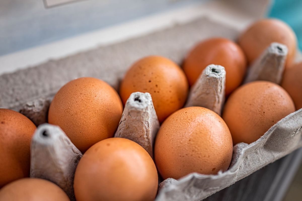 A carton of brown eggs.