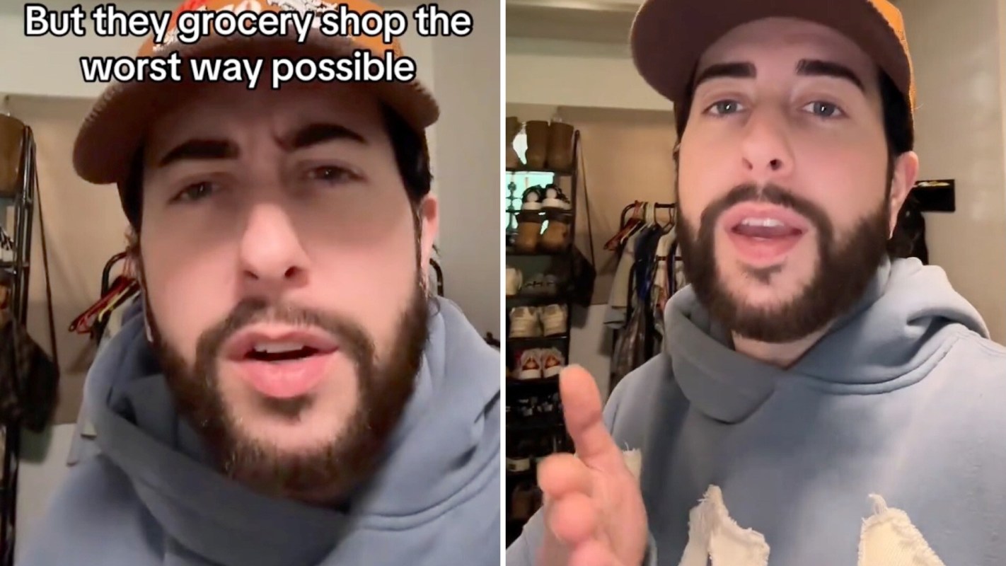 A man speaking directly to the camera about grocery shopping habits.