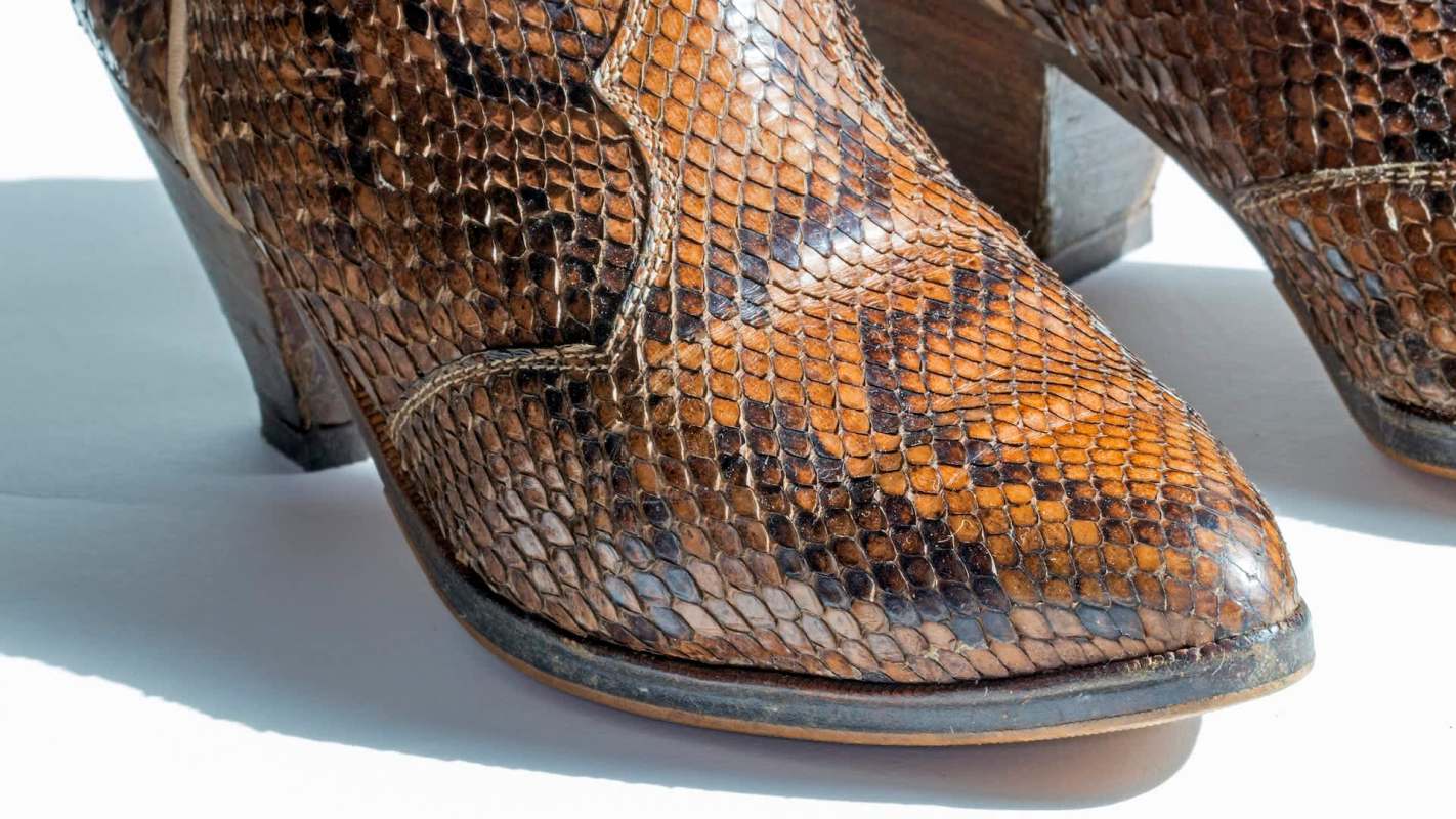 Close-up of stylish brown snake leather boots with a small heel and intricate texture.