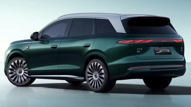 A sleek green electric SUV with a silver roof and stylish alloy wheels, viewed from the rear.