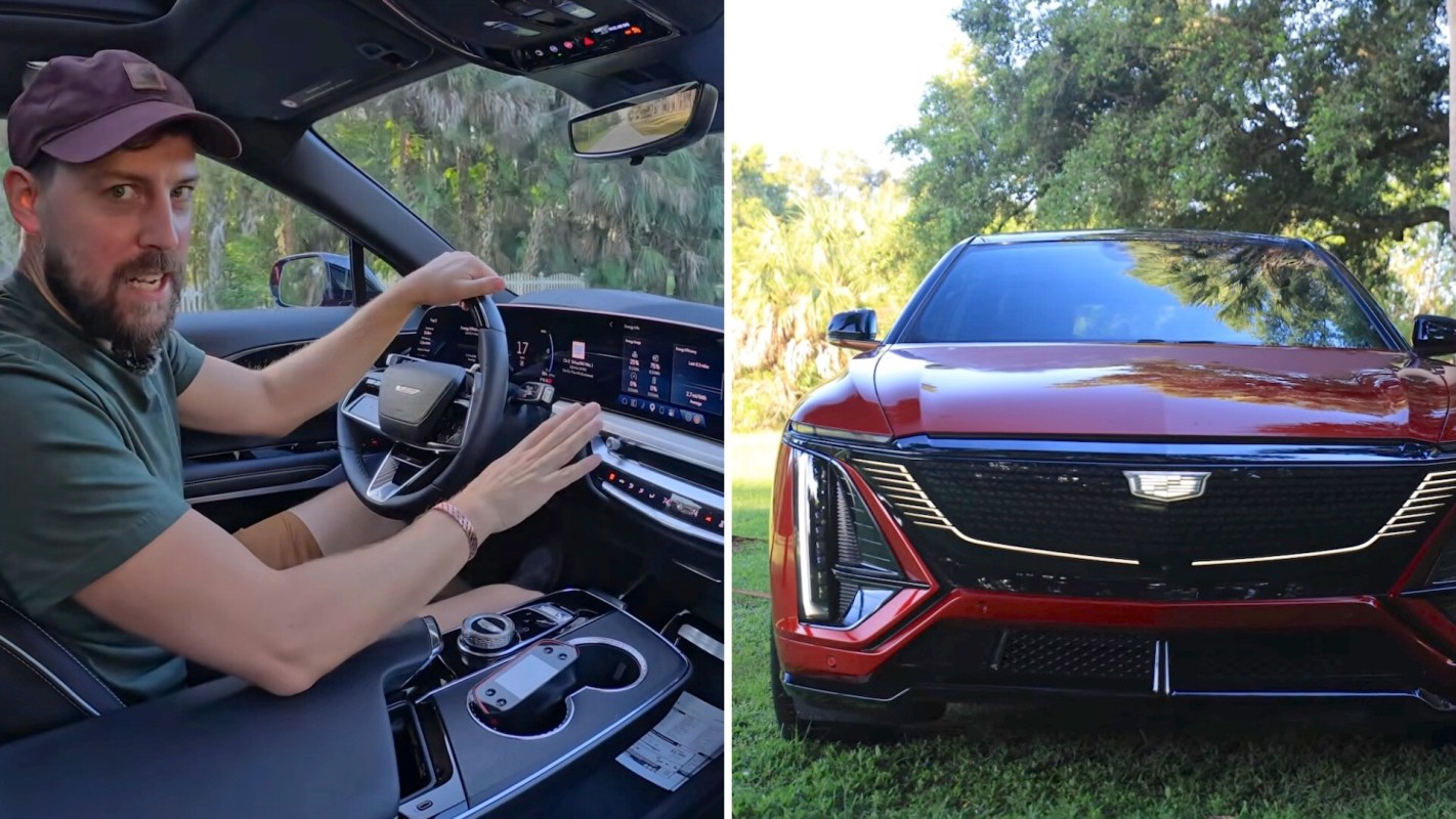 Reviewer Kirk Kreifels in the driver's seat of a Cadillac Lyriq-V and the red Lyriq-V parked outside.