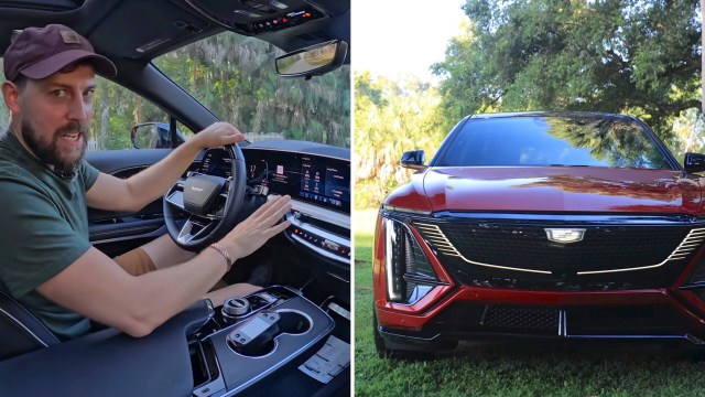 Reviewer Kirk Kreifels in the driver's seat of a Cadillac Lyriq-V and the red Lyriq-V parked outside.