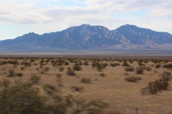 Mountain range in the background, with desert shrubs and brown landscape in the foreground.