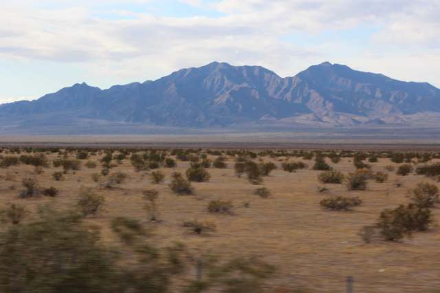 Mountain range in the background, with desert shrubs and brown landscape in the foreground.