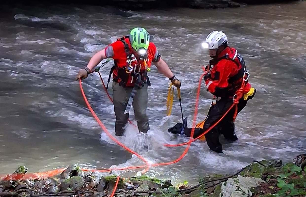 Two rescue workers in helmets wade through a river, using ropes to assist in a rescue operation of a dark calf.