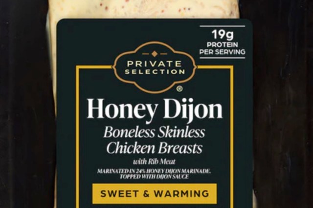 A packaged Honey Dijon boneless skinless chicken breast with nutritional information and flavor description.
