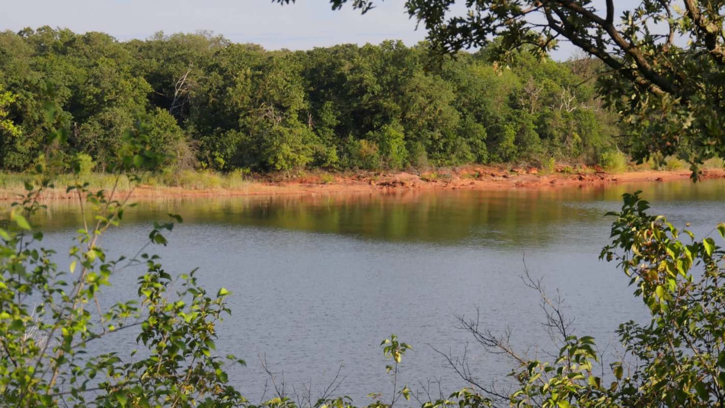A lake surrounded by trees and red soil.