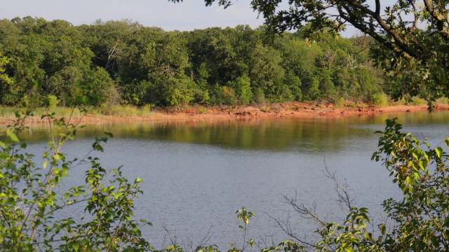 A lake surrounded by trees and red soil.