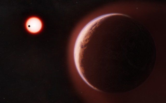 A rocky exoplanet orbits a bright red star in the dark expanse of space, with a small planet visible nearby.