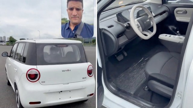 A compact white Lumin EV with a simple interior and a person’s face visible in the top corner of the image.