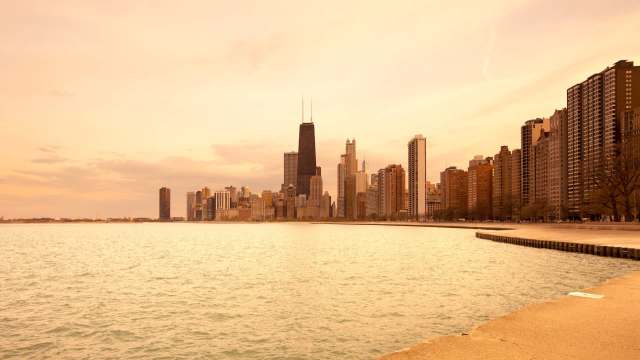 A skyline view of Chicago and Lake Michigan.
