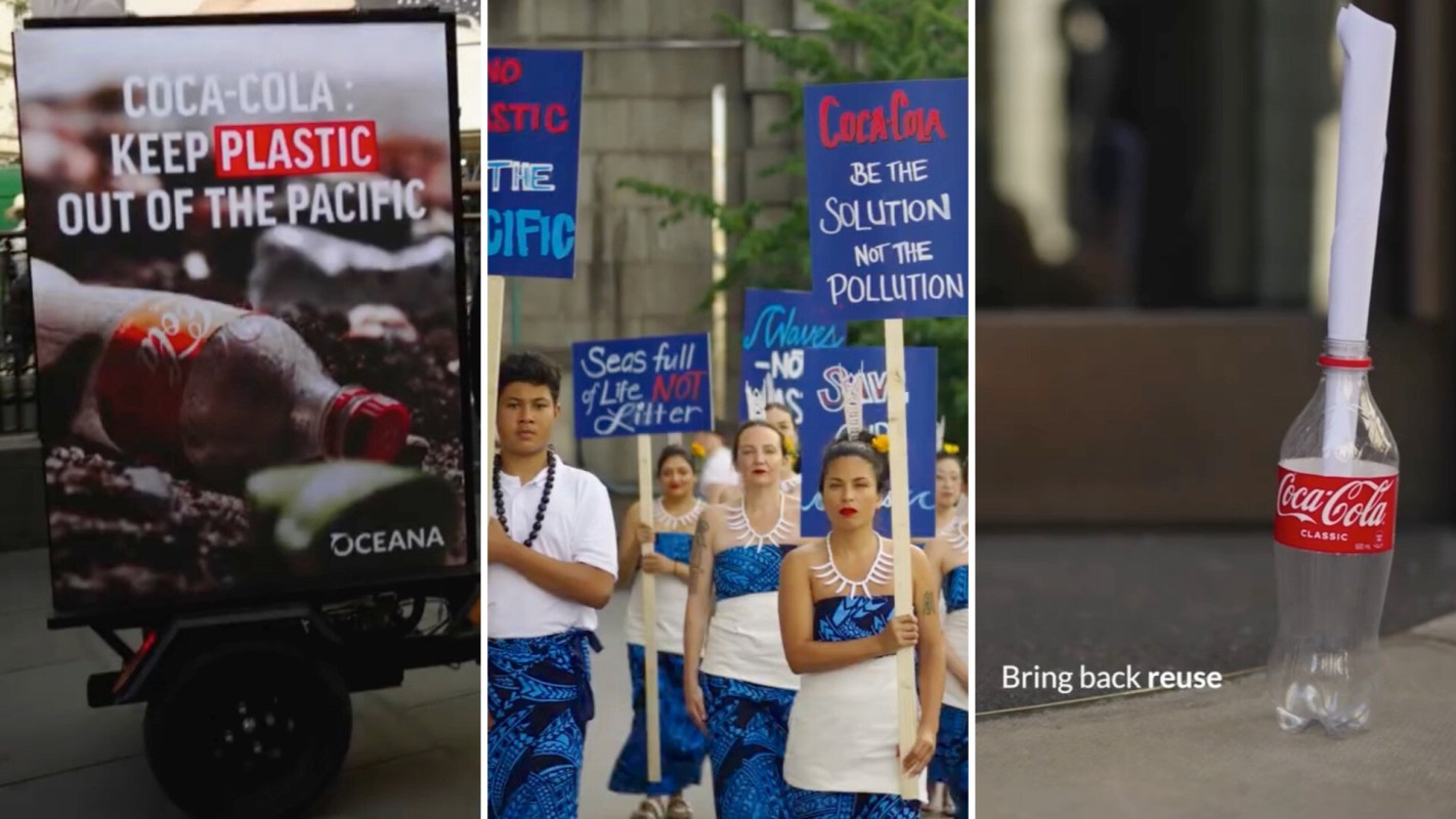 People protesting Coca-Cola's use of plastic bottles.