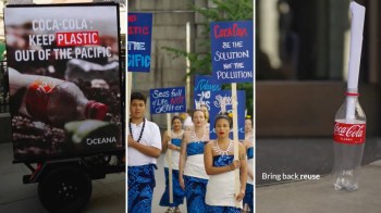 People protesting Coca-Cola's use of plastic bottles.