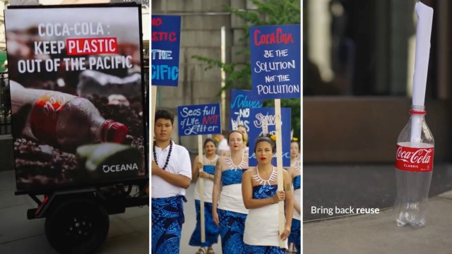 People protesting Coca-Cola's use of plastic bottles.