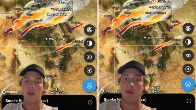 A young man appears in front of a detailed map showing smoke patterns, focusing on Colorado and New Mexico.