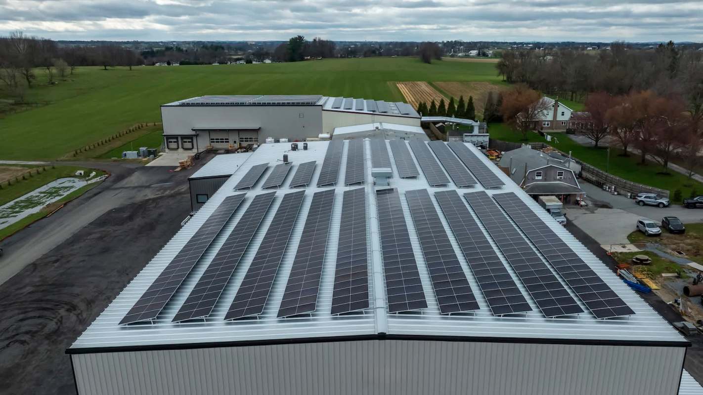 A rooftop covered in solar panels with agricultural fields and buildings in the background.