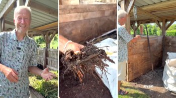 A smiling man demonstrates composting techniques beside a compost bin while holding a handful of compost material.