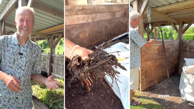 A smiling man demonstrates composting techniques beside a compost bin while holding a handful of compost material.