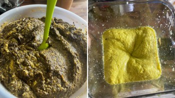 A side-by-side comparison of a thick, dark mixture in a bowl and a bright yellow substance in a blender.
