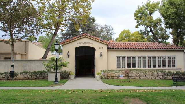 A charming single-story building with a tile roof labeled 'South Pasadena Senior Citizens Center.'