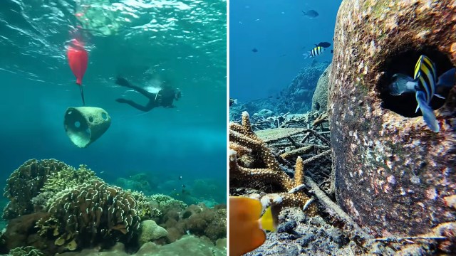 A diver explores vibrant coral reefs with a structure being lifted by a buoy and tropical fish nearby.