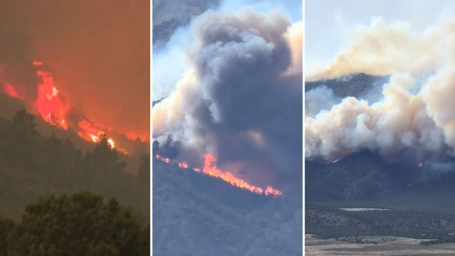A series of images showing a wildfire with flames and heavy smoke rising from a mountainous area.