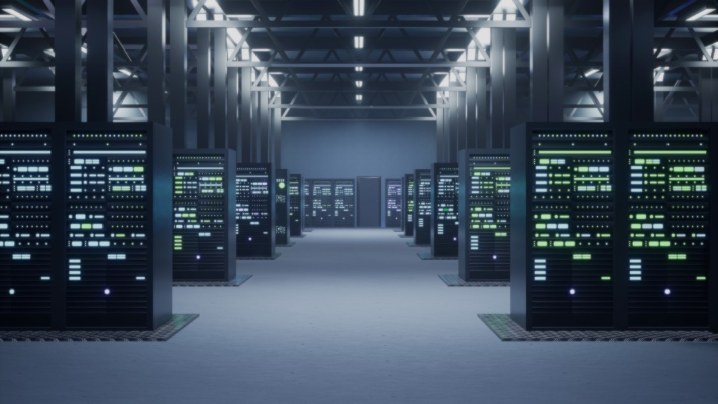 A data center with illuminated server racks.