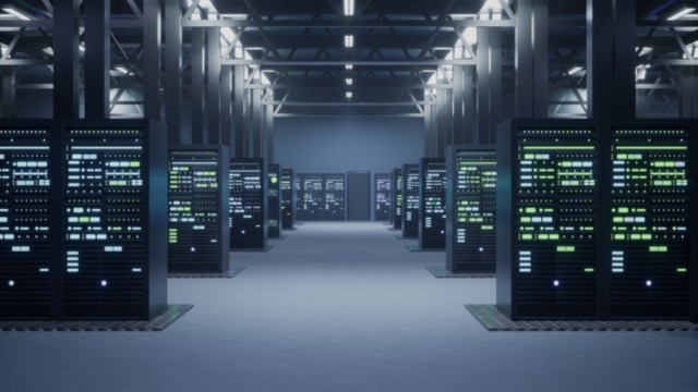 A data center with illuminated server racks.