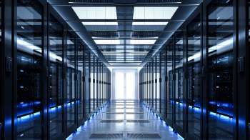A modern data center hallway lined with black server racks and illuminated by blue lighting.