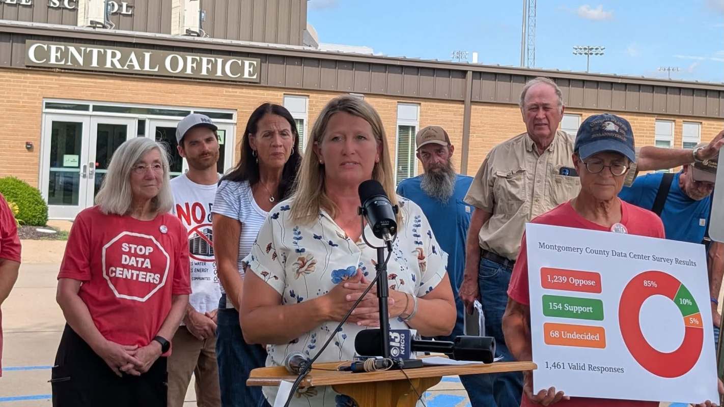 A press conference about opposition to a data center proposal.
