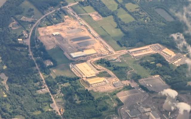 An aerial view of an industrial construction site.
