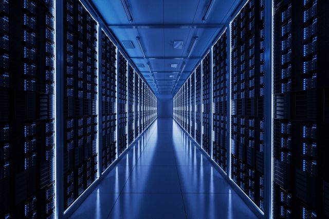 A dimly lit server room.