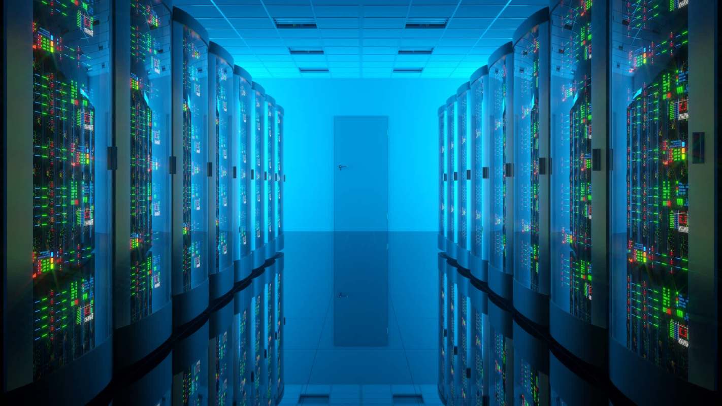 A data center with illuminated server racks.