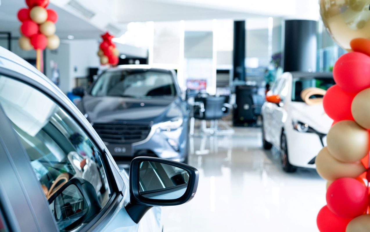 The inside of a car dealership.