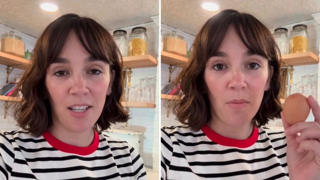 A person in a striped shirt holding an egg.