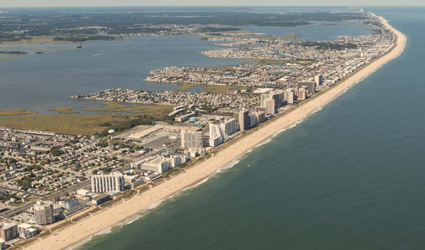 An aerial view of a beachside city.