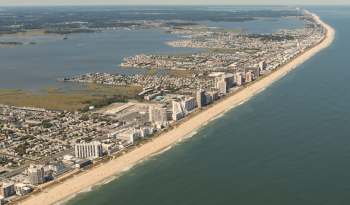 An aerial view of a beachside city.