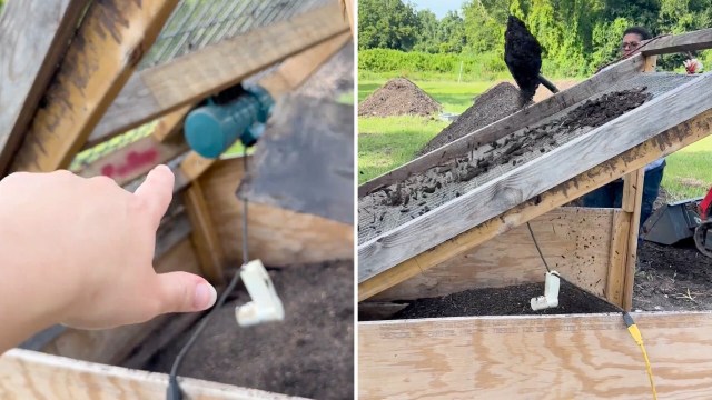 A person points at a mechanism in a wooden structure with dirt and a person nearby.