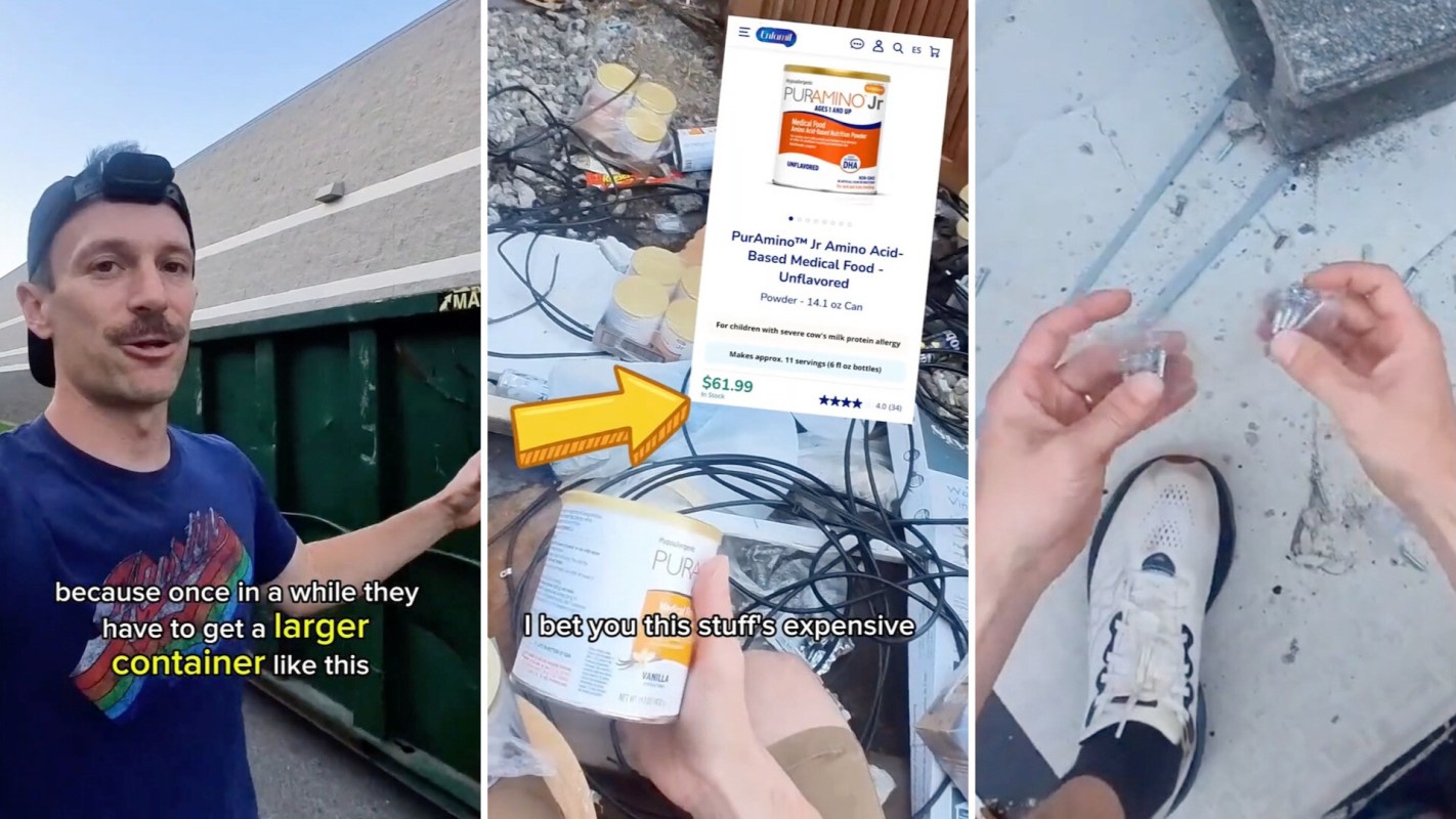 A dumpster diver showcasing their potentially pricey finds.
