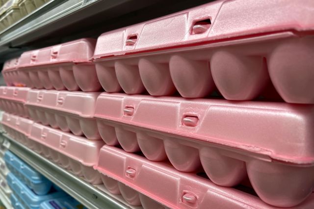 Egg cartons on a store shelf.