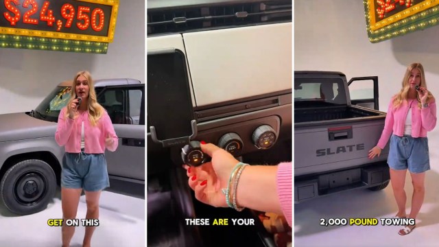 A woman presents a Slate truck model.