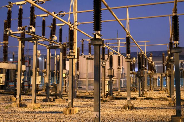 An electric substation at twilight.