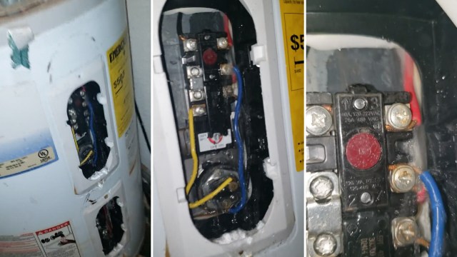 Wiring and electrical components exposed on a water heater with visible connections and labels.
