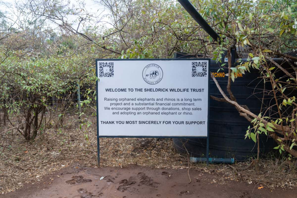 A sign at the Sheldrick Wildlife Trust encourages support for orphaned elephants and rhinos, surrounded by greenery.