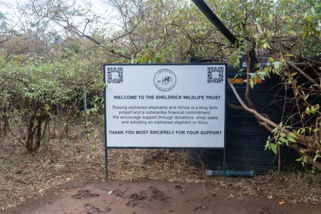 A sign at the Sheldrick Wildlife Trust encourages support for orphaned elephants and rhinos, surrounded by greenery.