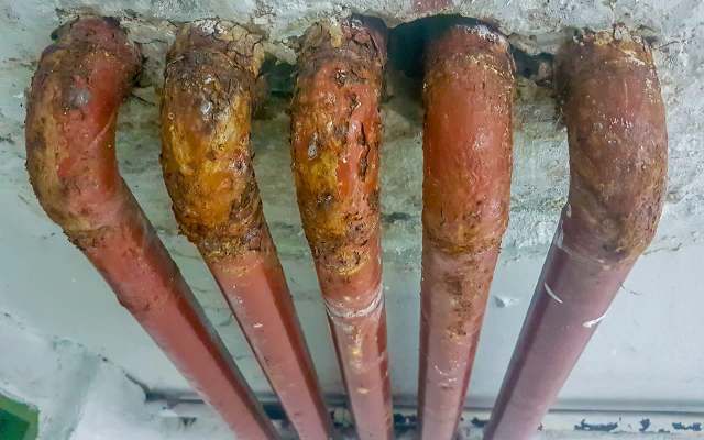 A close-up of rusted and deteriorating red pipes attached to a ceiling.