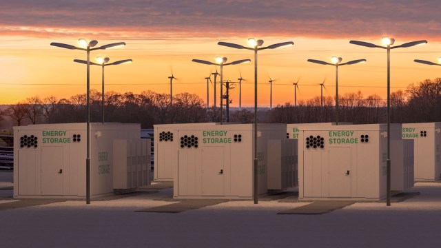 Energy storage units under streetlights.
